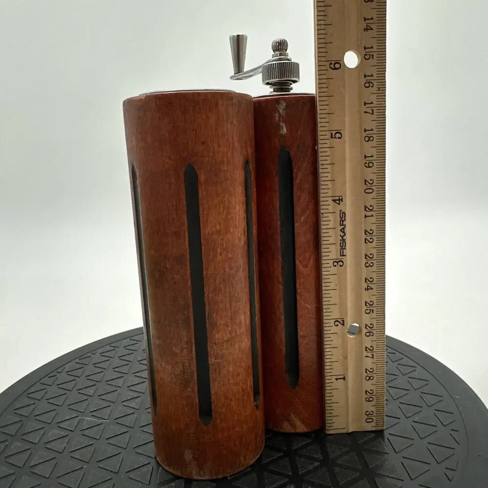 Vintage Mid-Century Modern Wood Cylinder Teak Salt & Pepper Grinder Shaker Set